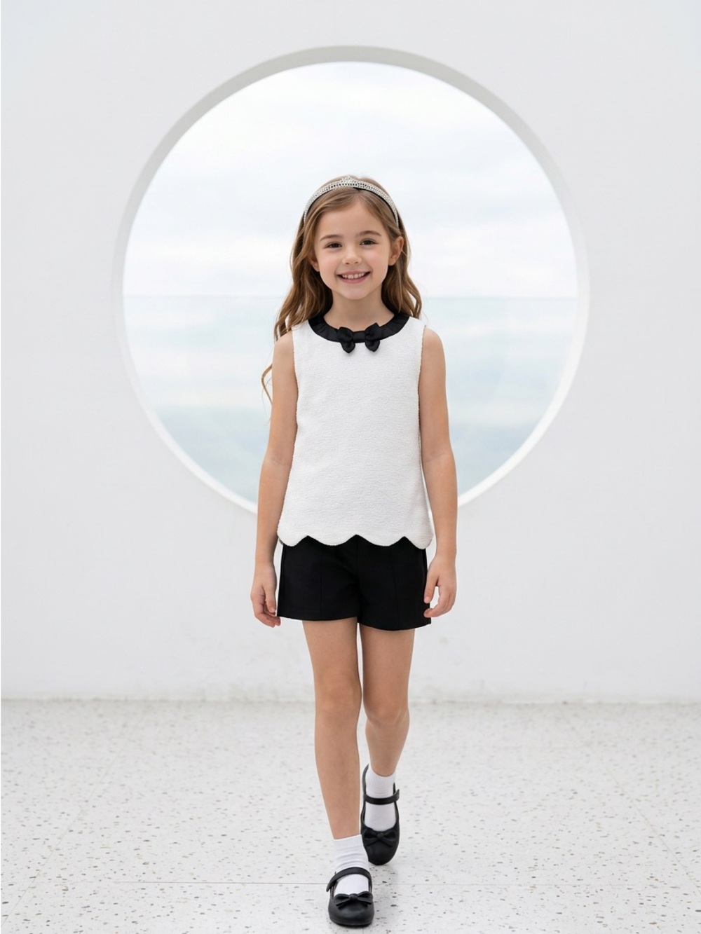 NWT Doe A Dear Toddler Little Girls White Black Sleeveless Top Scallop Hem - 4T